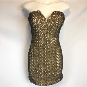 Bebe Strapless gold and black mini dress